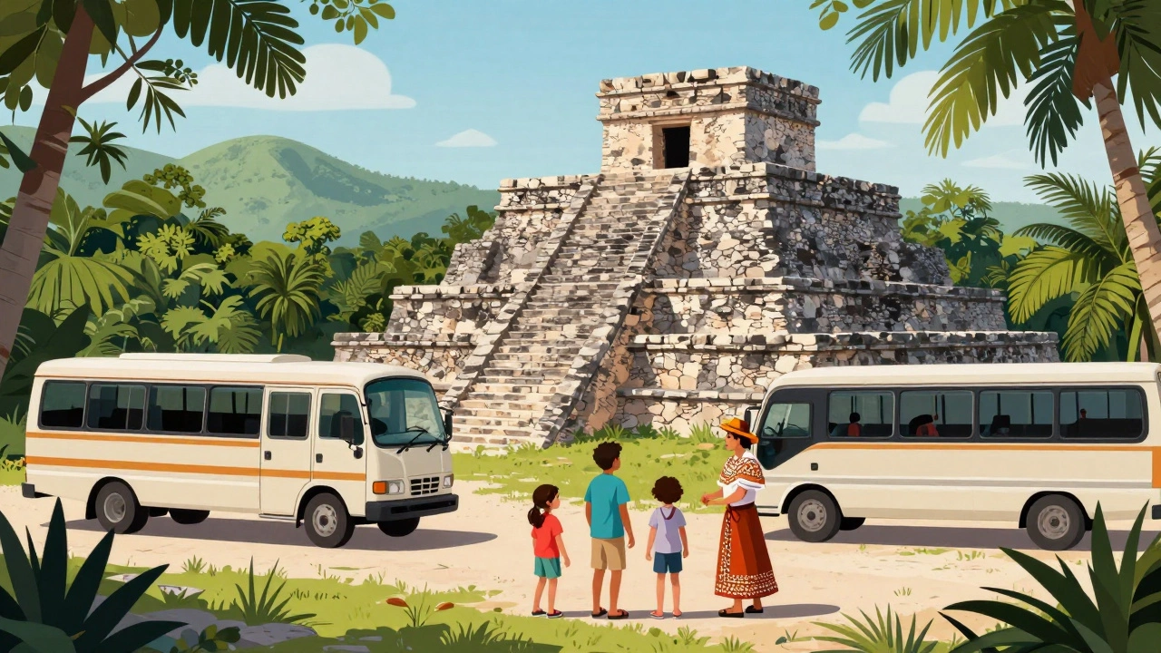 A family on a guided tour of Tulum ruins with a resort shuttle nearby.