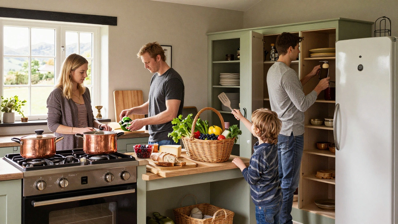A family unpacking fresh local food in a fully equipped self-catering cottage kitchen.