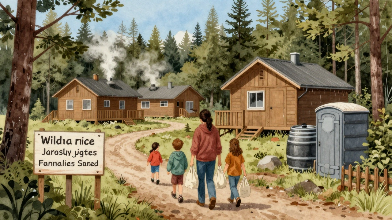 A family walking through a forest trail near an eco-cottage, carrying reusable bags, with geothermal vents and rainwater barrels visible in the background.