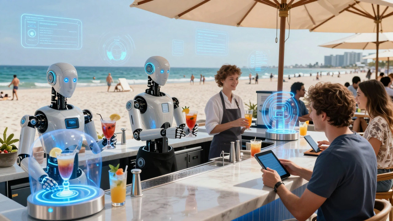 A futuristic beach resort with robots serving drinks and digital interfaces, blending modern tech with a sunny coastal setting.