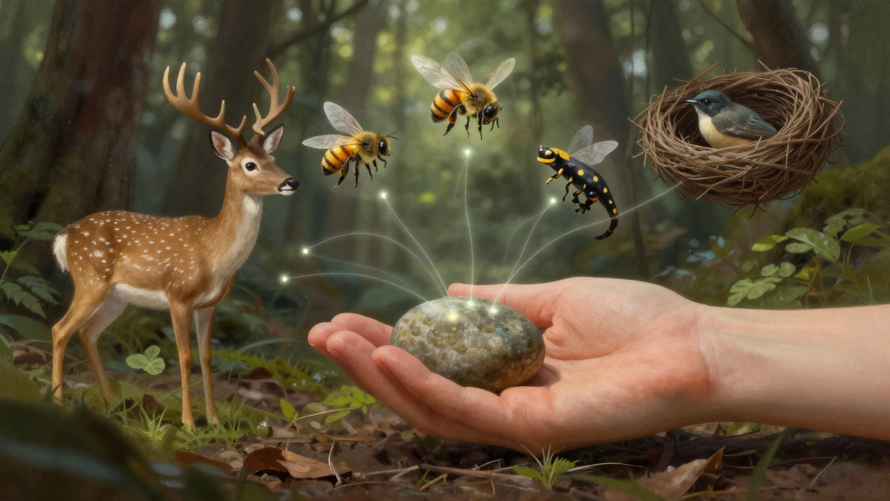 A hand returning a stone to the forest floor, with floating images of wildlife nearby.