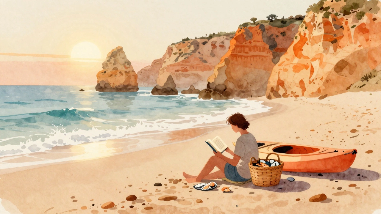 A person relaxing on a quiet Algarve beach at sunset, reading beside a basket of seafood.