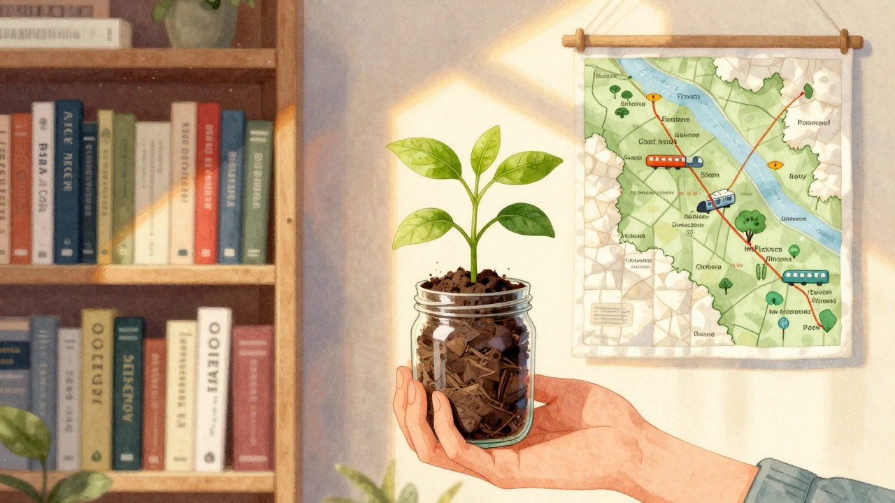 A seedling growing in a reused jar with eco-friendly items in the background.