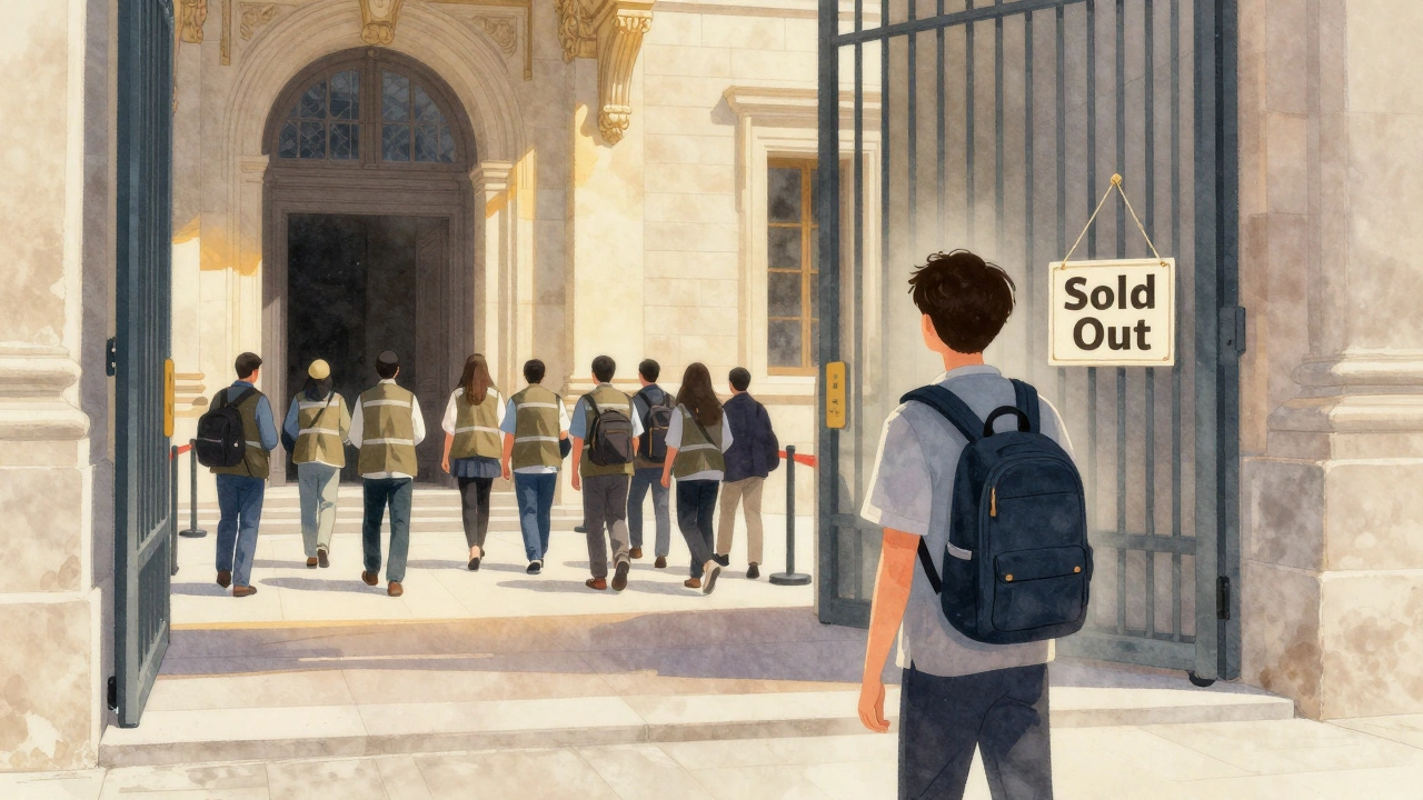 A solo traveler watches a guided group enter a museum through a priority lane while they are turned away.