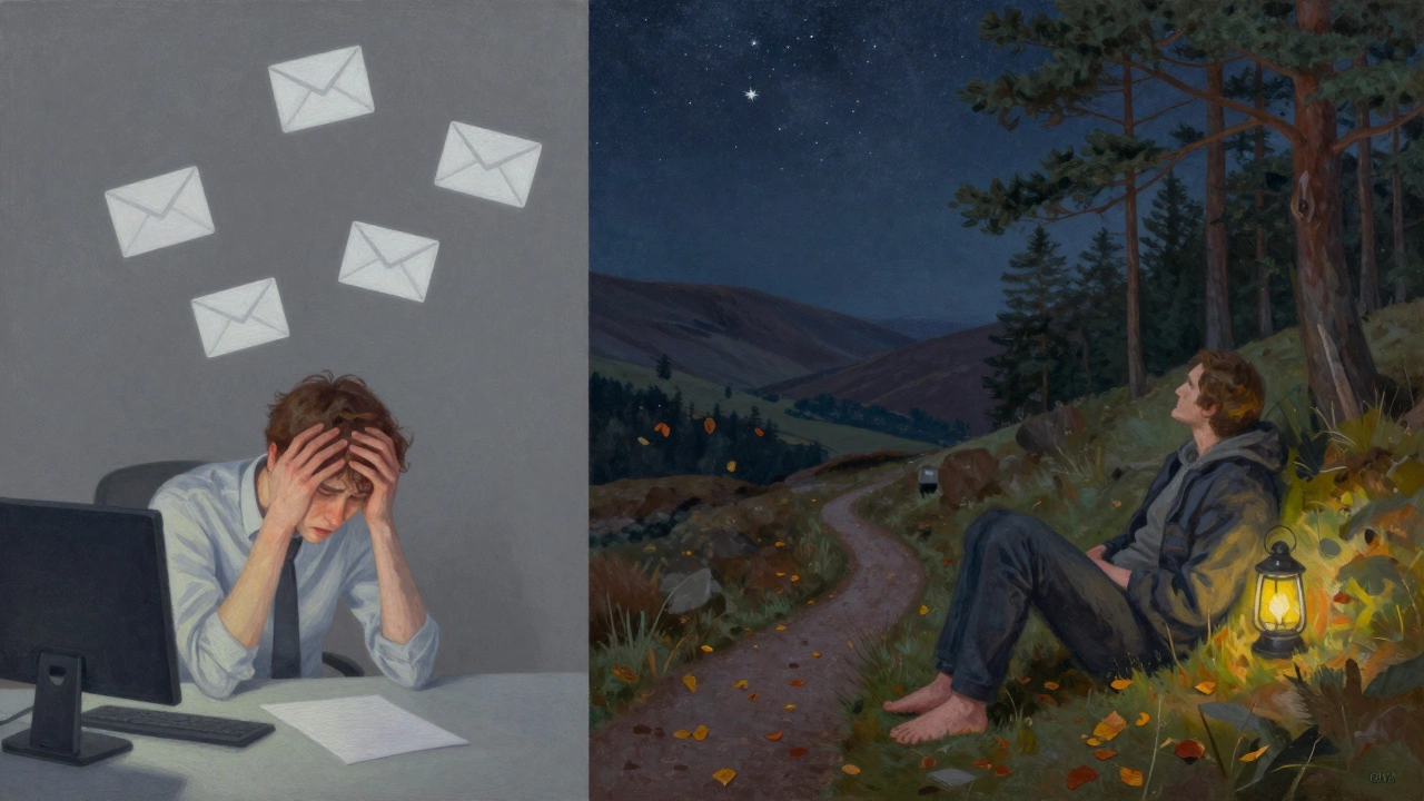 A split image showing a person transitioning from a stressful office to peaceful nature under stars.