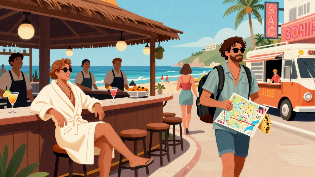 A traveler in casual clothes walks down a coastal street with food trucks, holding a taco and map, contrasting with resort-bound tourists.