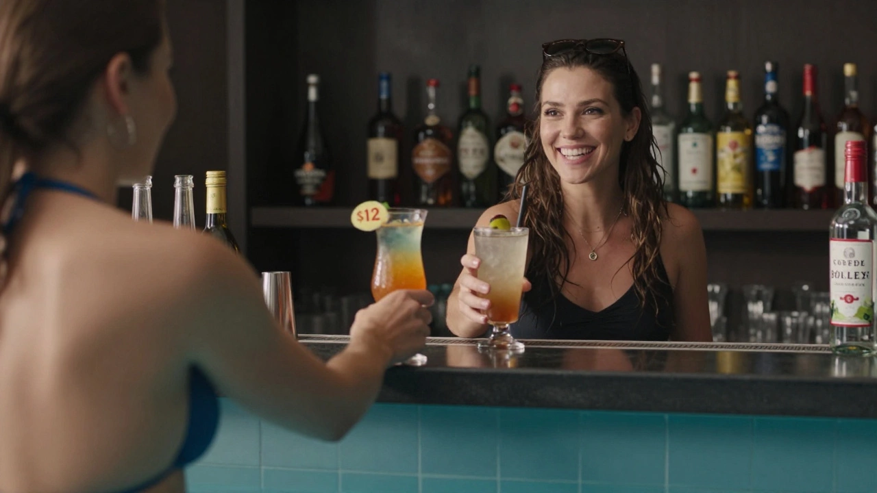 A vacationer hesitating between a free drink and a costly premium cocktail, reflected in a bar surface.