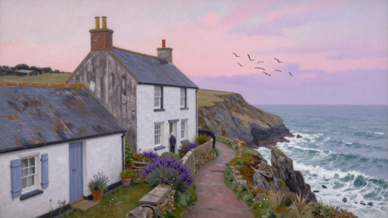 Cliffside Welsh cottage at sunset with waves below and seabirds in the sky.