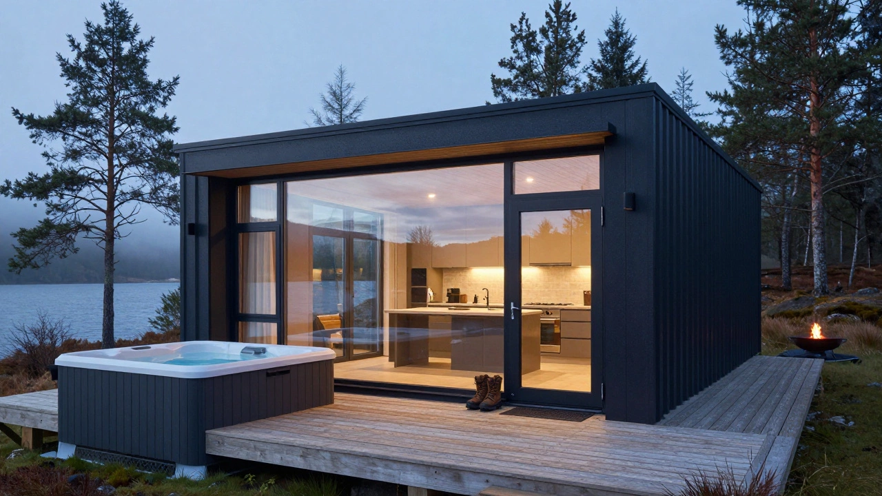 Contemporary lodge in the Scottish Highlands with large windows, a private hot tub, and misty forest surroundings.