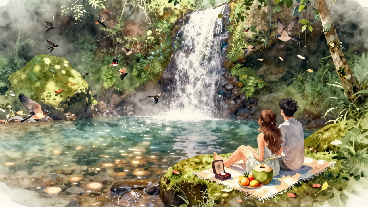 Couple sitting by a hidden jungle waterfall in Bali with fruit and a silk-wrapped ring box.