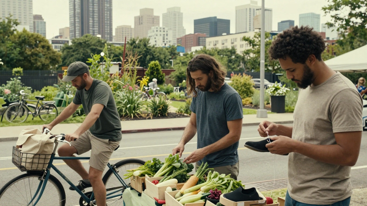 Diverse individuals practicing sustainable habits in an urban environment.