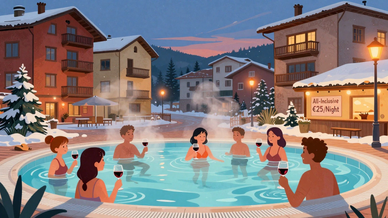 Family enjoying a heated outdoor pool at a winter resort in Bulgaria's Sunny Beach with steam rising.