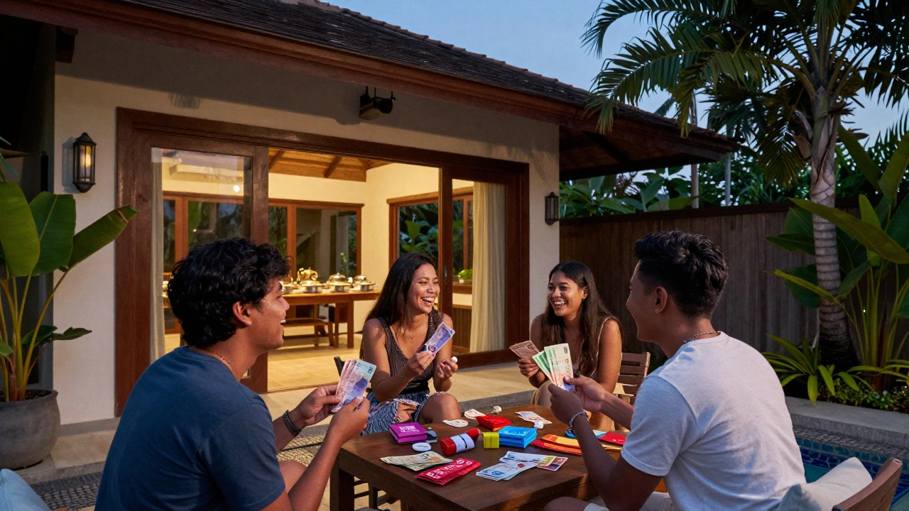 Four friends enjoying a villa stay with buffet and local currency, laughing at twilight in tropical setting.