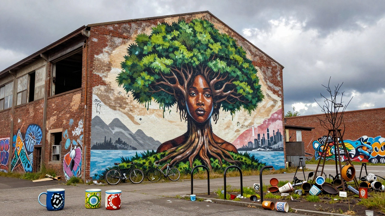 Large mural of a woman with tree-like hair on a warehouse wall, surrounded by recycled metal sculptures and street art.