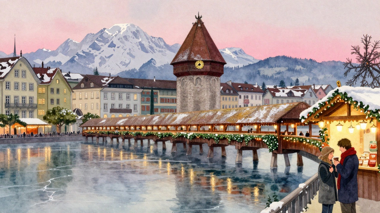 Lucerne, Switzerland at dusk with a lantern-lit bridge reflecting in a river, snow-covered houses, and a quiet Christmas market.