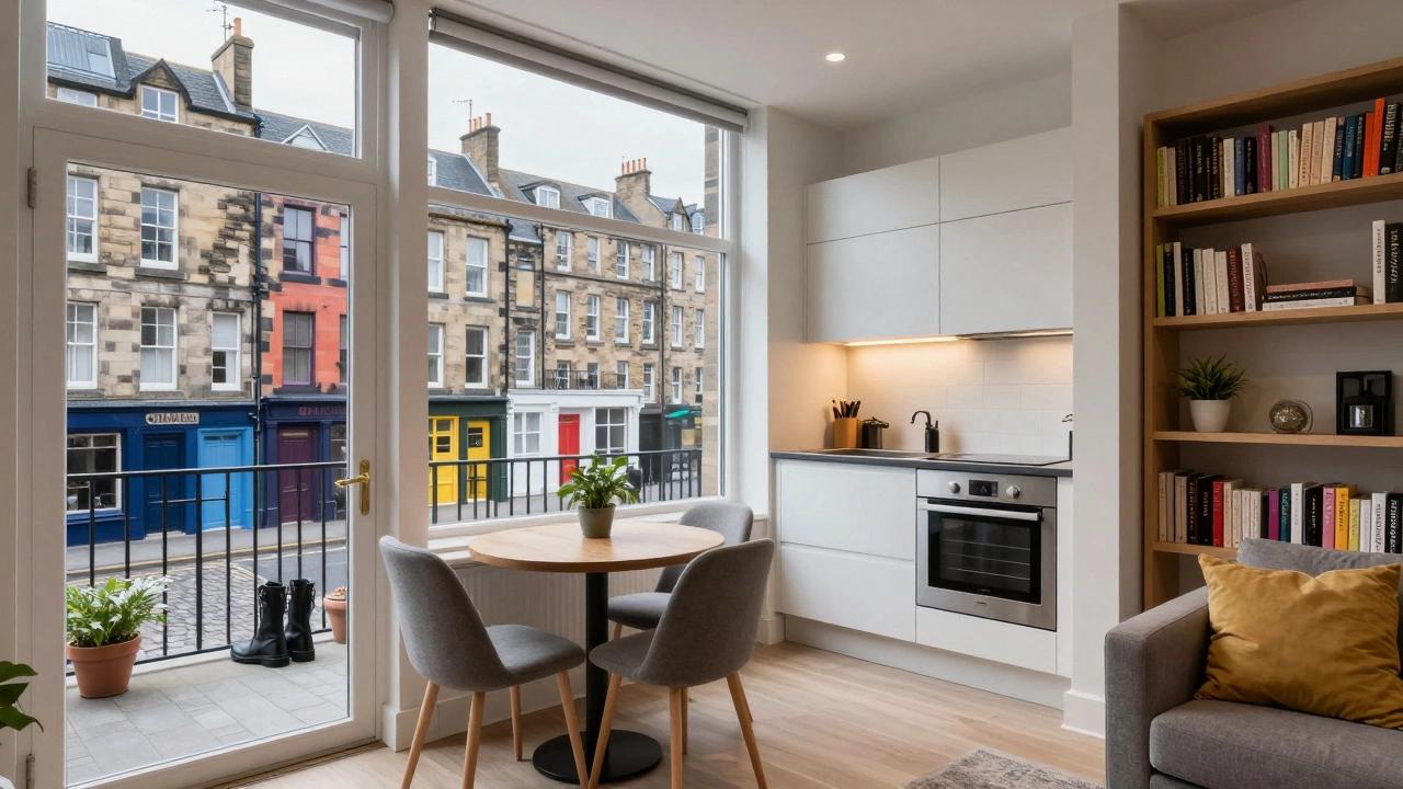 Modern urban apartment with a fully equipped kitchen and view of historic city streets from large windows.