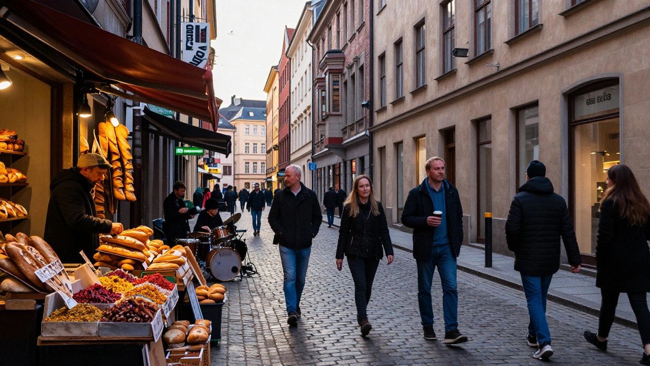 Morning street scene in a European city with bread vendors, spices, and jazz music in the background.