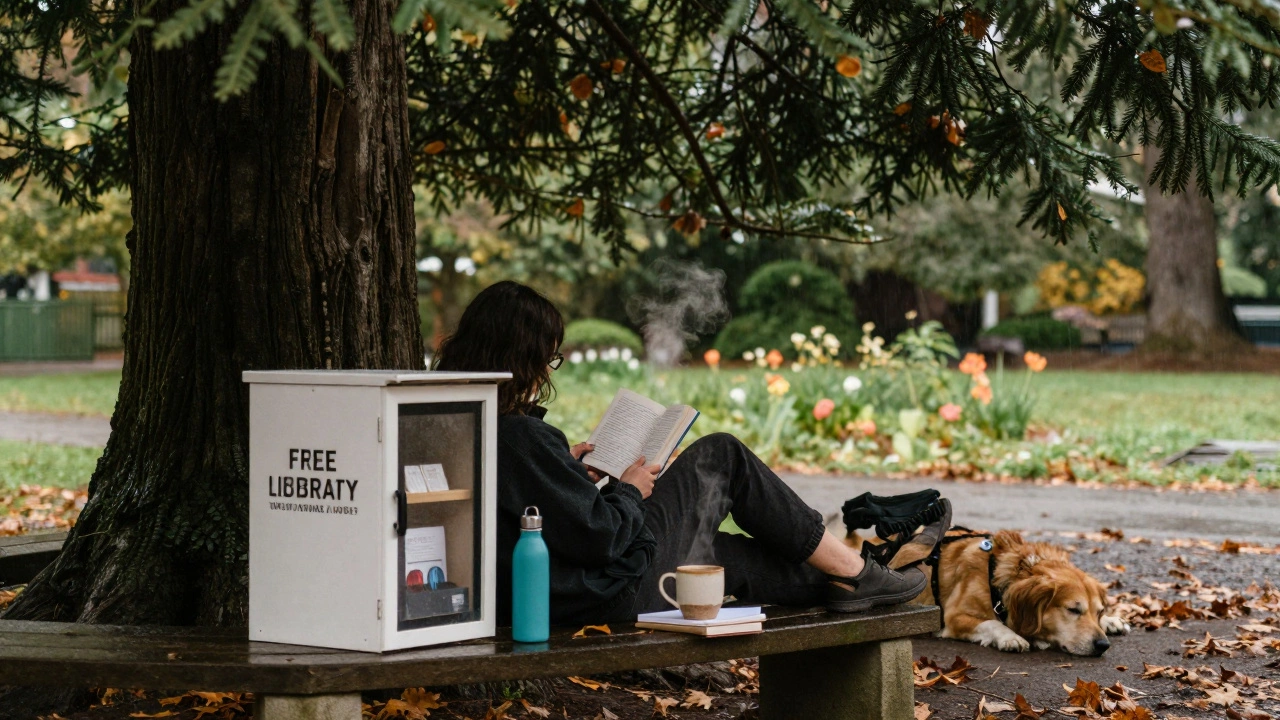 Person reading under a cedar tree in Portland park with a dog napping nearby, soft rain falling gently.