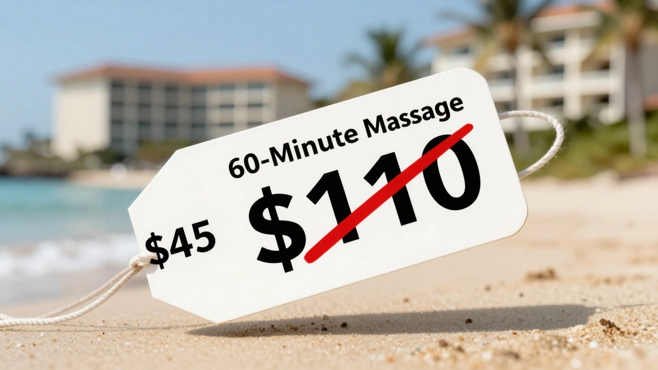 Price comparison between expensive resort massage and affordable off-site spa option.