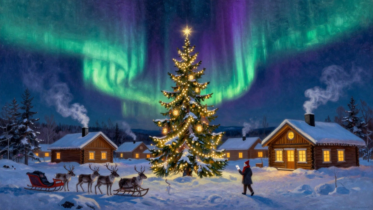 Rovaniemi, Finland under glowing Northern Lights with a decorated Christmas tree and wooden cottages in snowy silence.