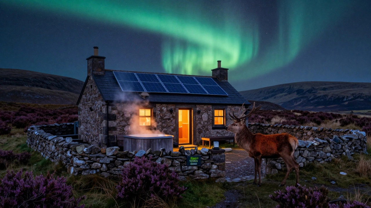 Scottish Highland cabin at night with hot tub, stars, and a red deer under the aurora.