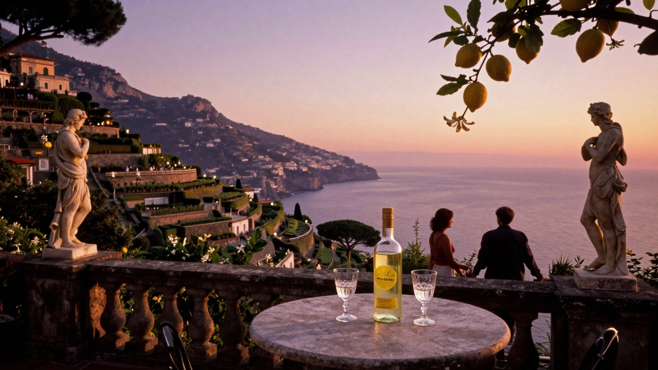 Silhouetted couple on Ravello’s Terrace of Infinity at sunset, sea and lemon blossoms in the air.