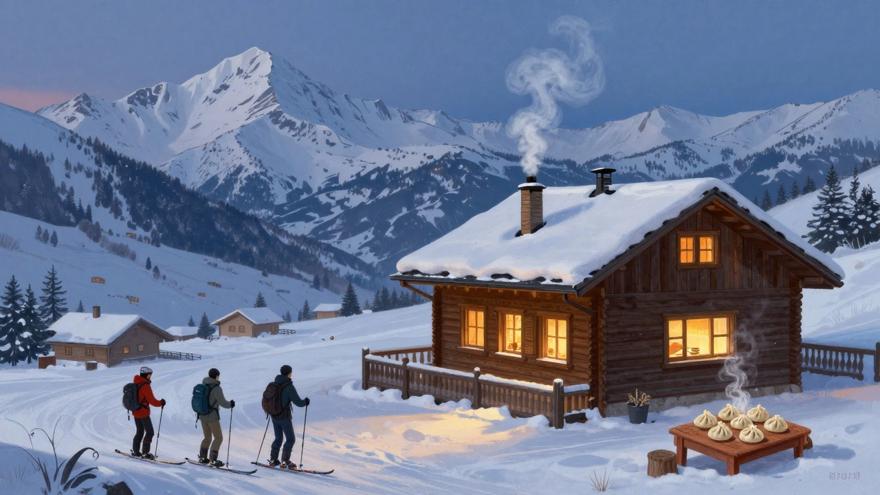 Snowy mountain chalet in Georgia with warm windows and skiers returning, steaming dumplings visible inside.