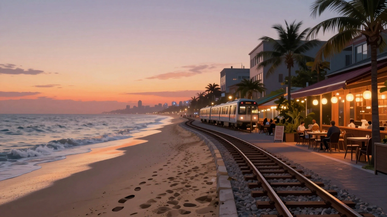 Split image showing a beach fading into a city skyline, connected by a train track, symbolizing a hybrid vacation.