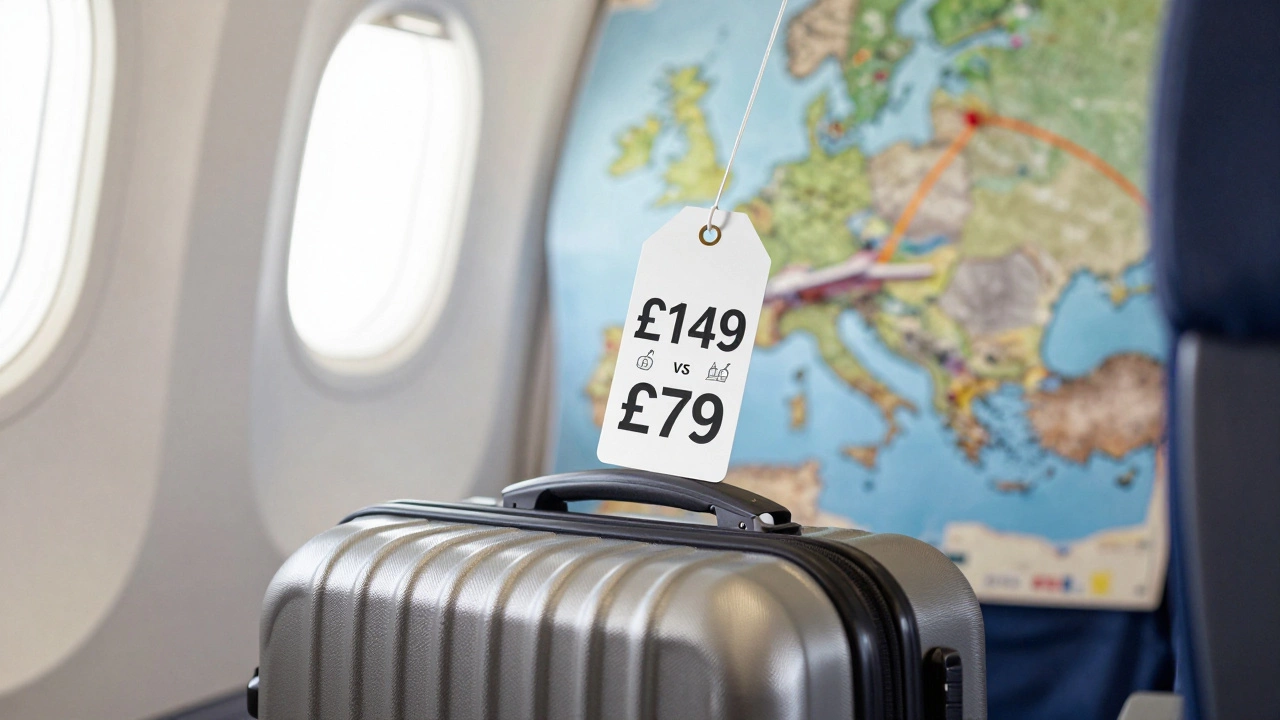 Suitcase on a plane seat with floating price tag showing cost differences and fees.