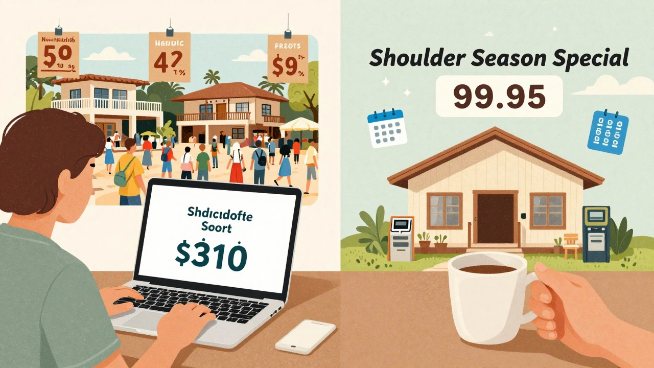 Traveler comparing resort prices on laptop with visual comparison of crowded vs. quiet all-inclusive options.