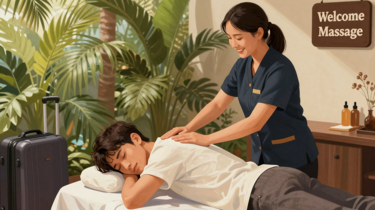 Traveler receiving a brief chair massage at resort check-in with staff member smiling nearby.