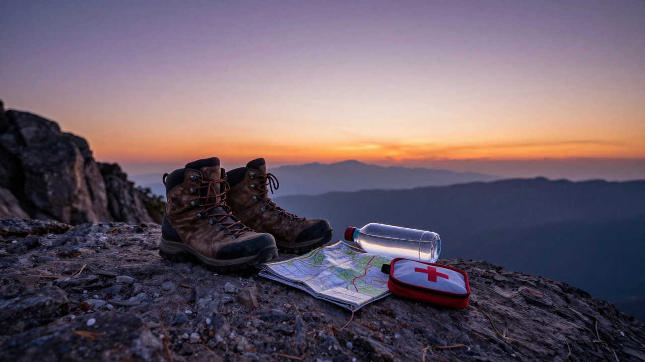 Worn hiking boots and gear on a ridge at sunset, symbolizing adventure completed.