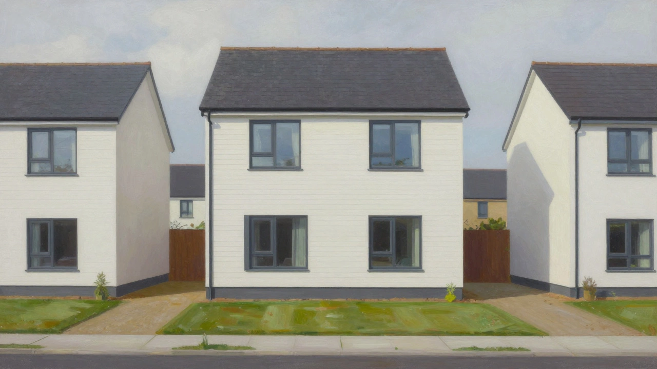 A modern suburban small house with vinyl siding and large uniform windows.