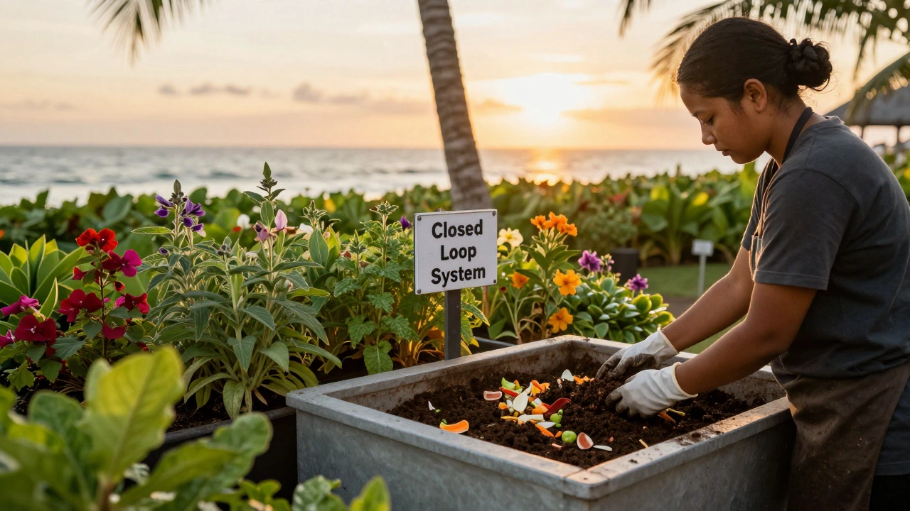 Compost bins in a resort garden with herbs growing nearby at sunset.