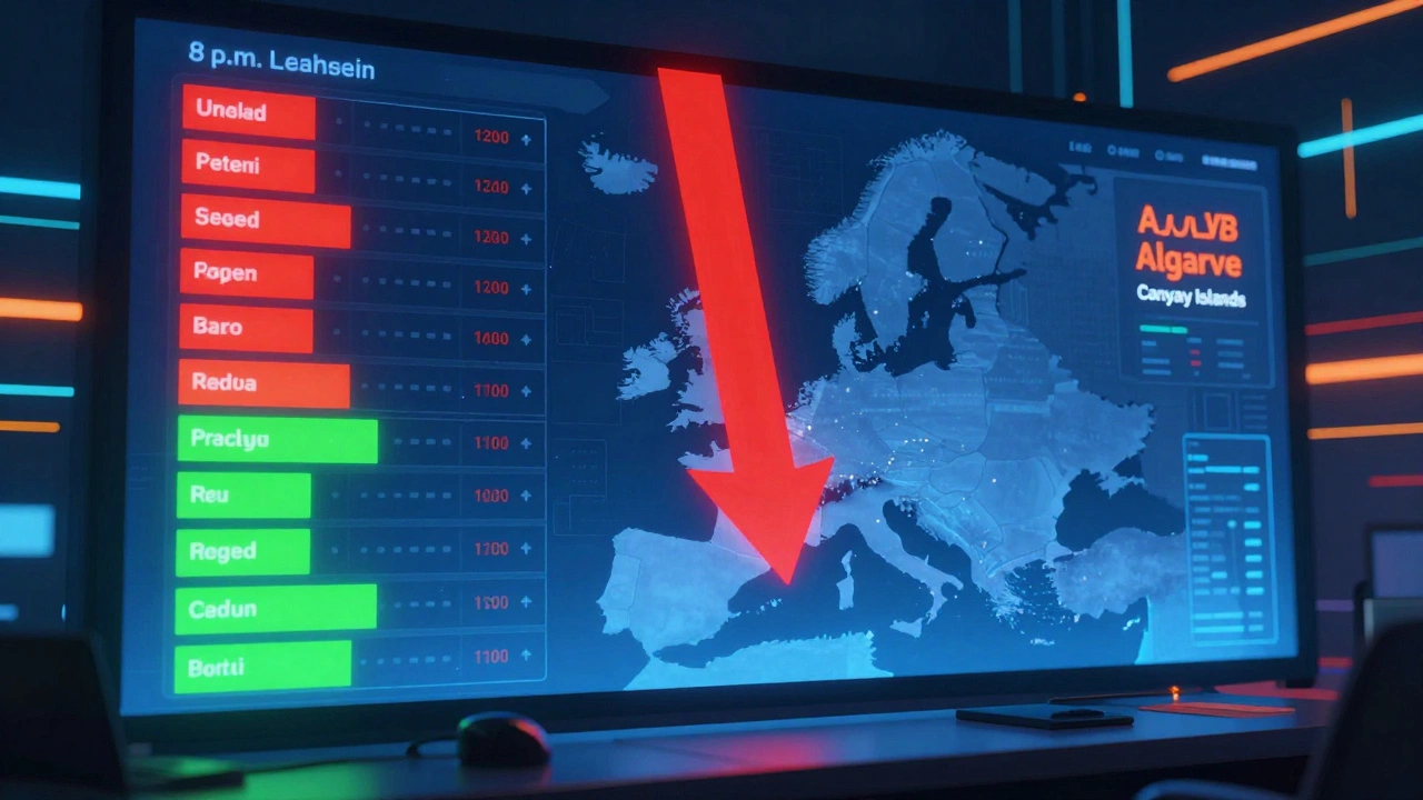 Digital dashboard showing plummeting travel prices across Europe on Thursday night, with glowing data streams and city icons.
