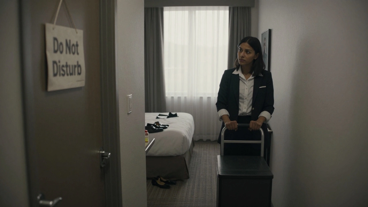 Empty hotel hallway at dawn with 'Do Not Disturb' sign hanging, shoes and lube visible inside room.