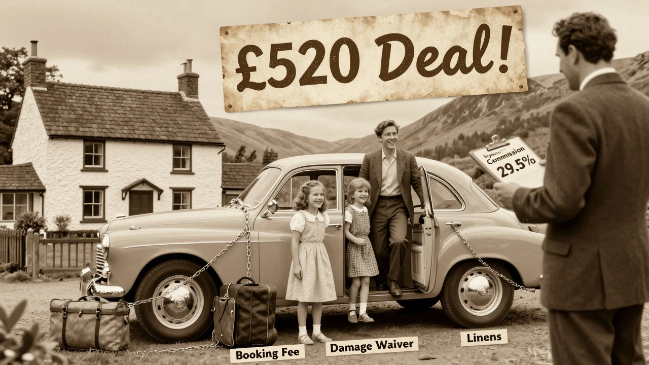 Family arriving at cottage with luggage weighed down by invisible booking fees in vintage poster style.