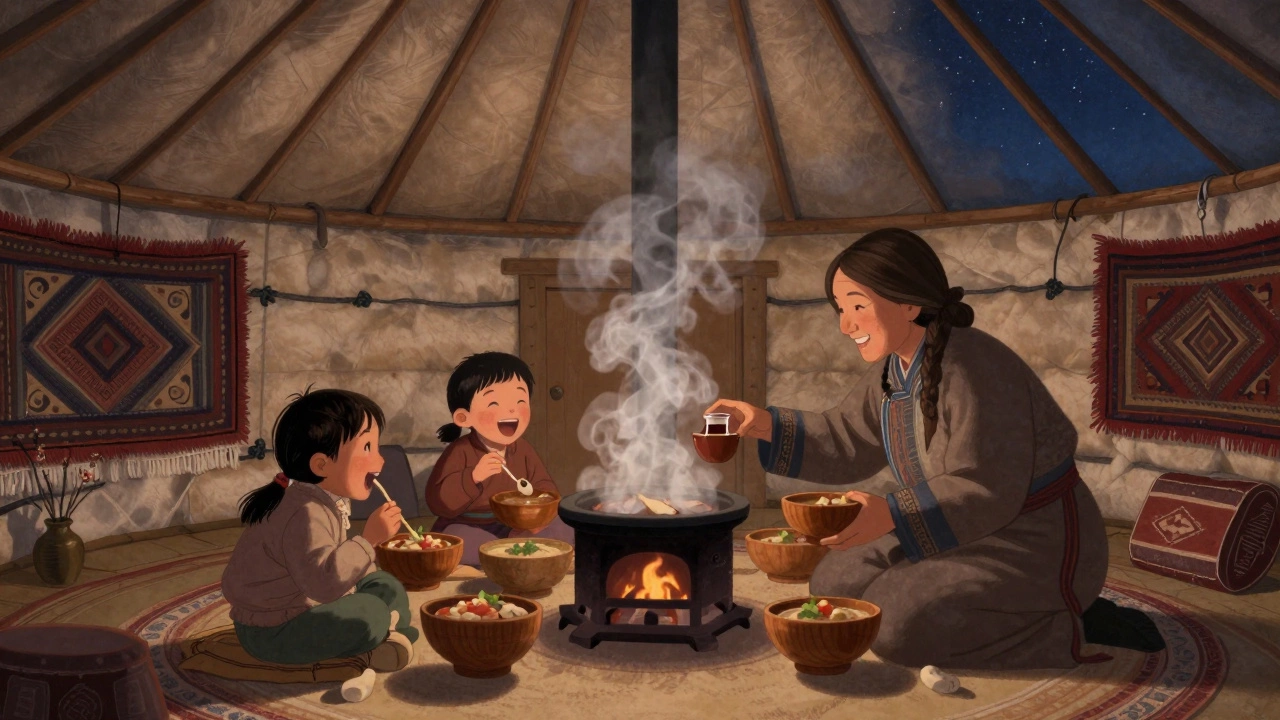 Family sharing a meal inside a traditional Mongolian ger at twilight, warm home-cooked food and laughter.
