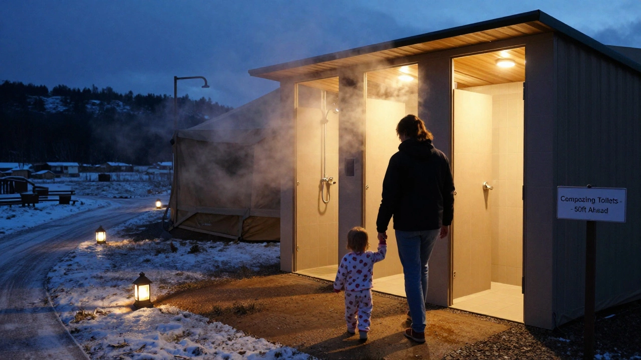 Family walking at twilight toward a well-lit shared bathroom block in a snowy glamping site.