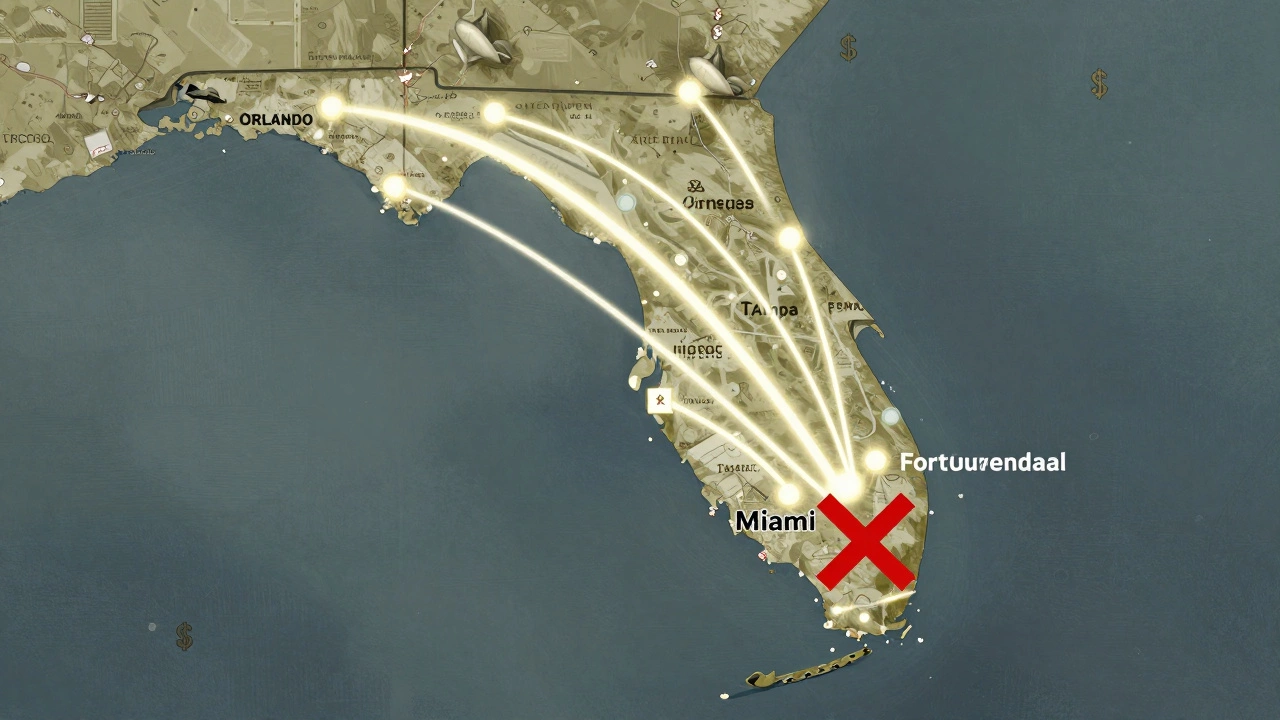 Florida map with flight paths to cheapest airports and Miami crossed out in red.