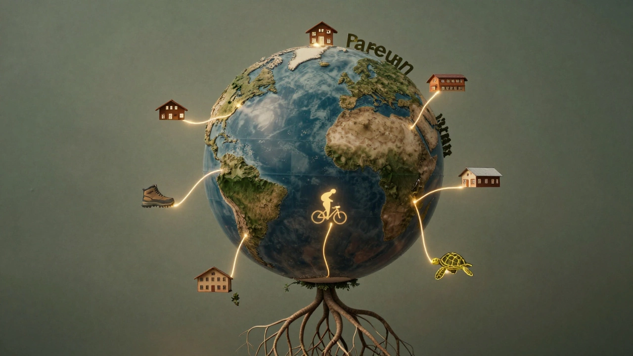Globe with roots connecting to global destinations and community projects, symbolizing ethical travel impact.