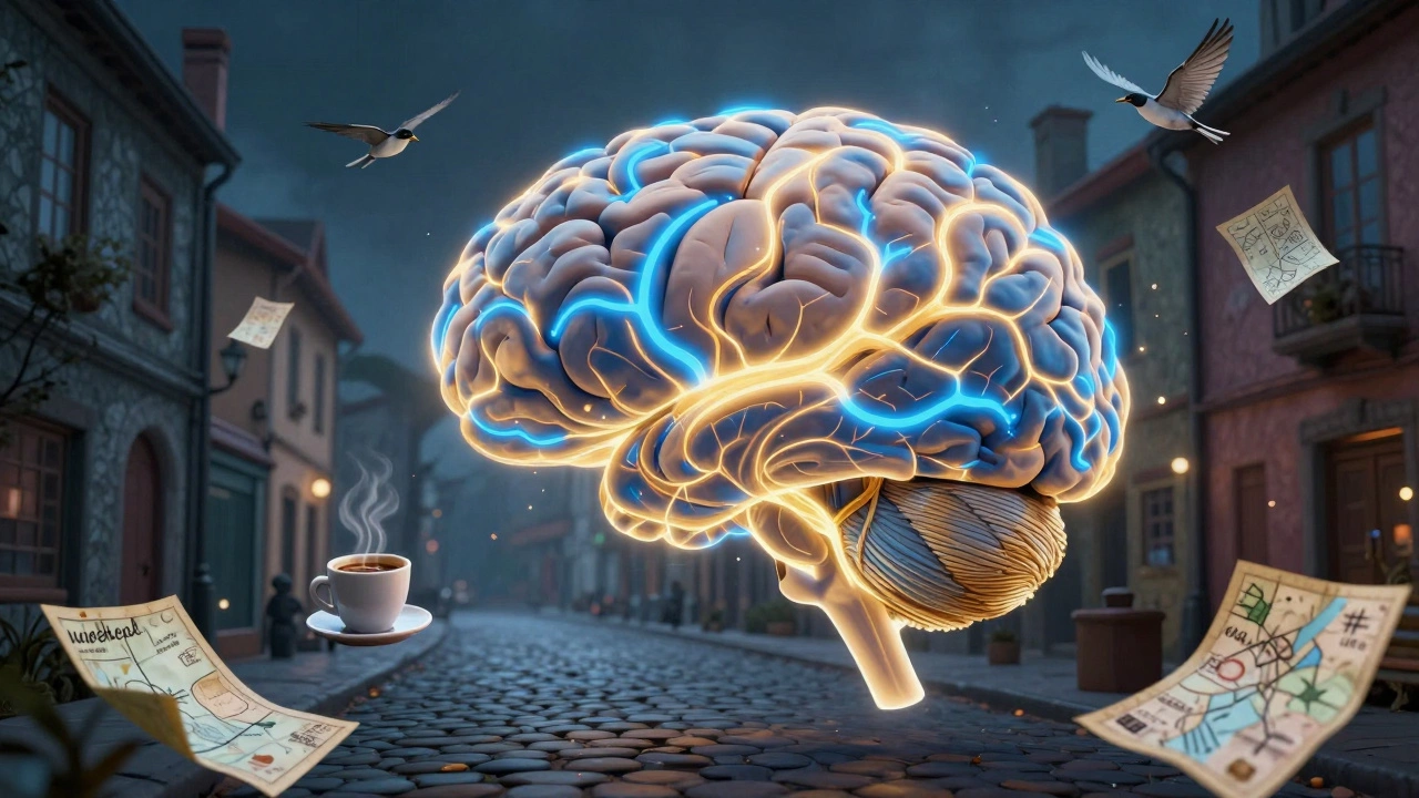 Glowing brain with vibrant neural pathways activated by travel elements like maps, coffee, and birds in flight.