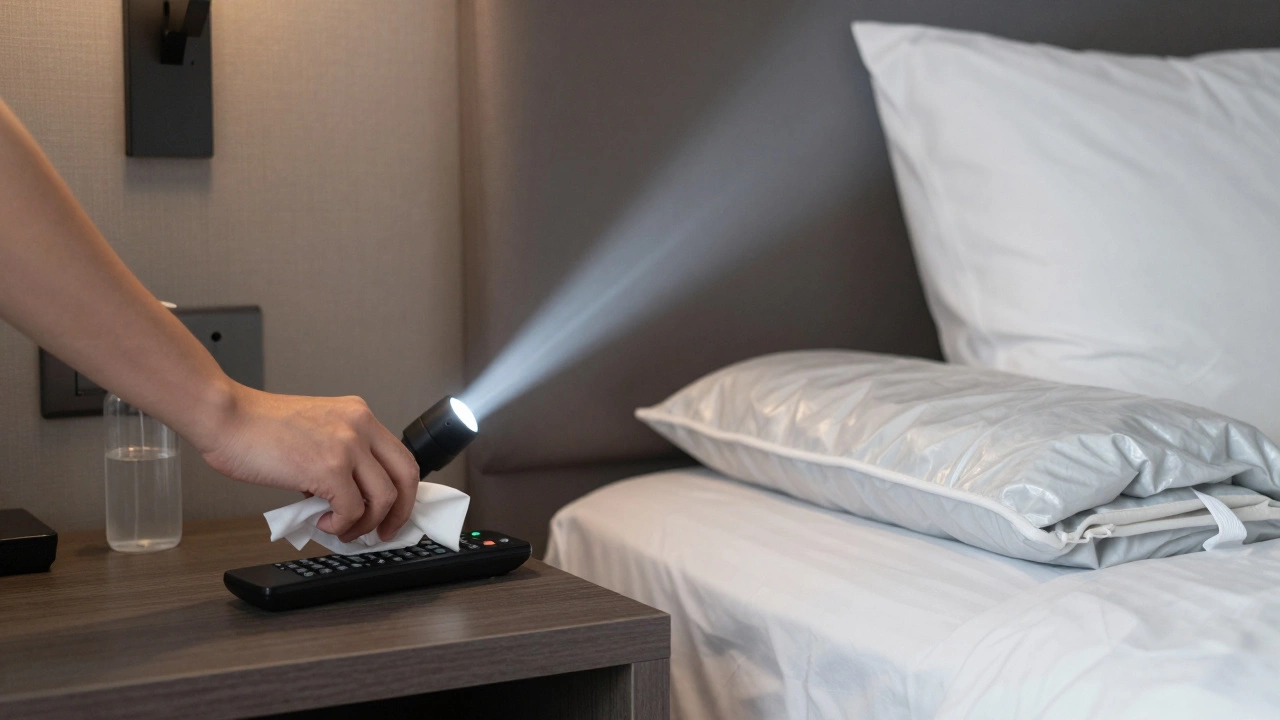 Hand cleaning hotel remote and phone with disinfectant wipes, travel sheet liner on bed.