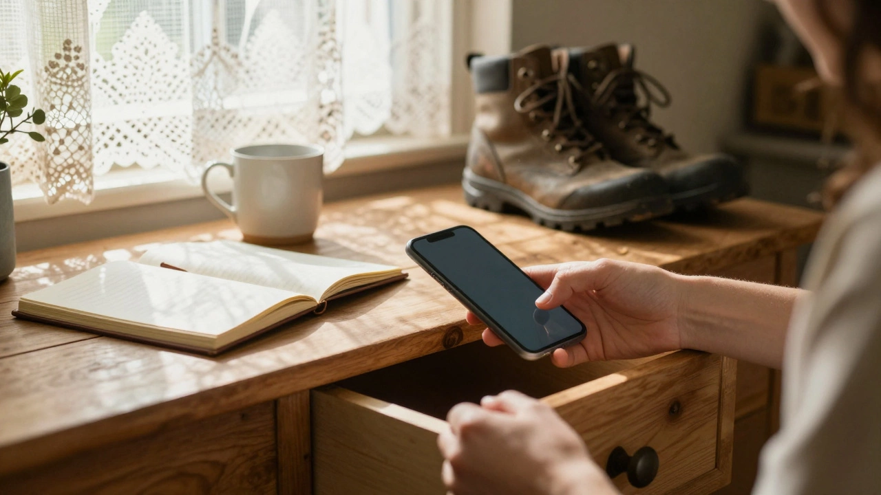 Hand placing a phone in a drawer in a sunlit Cotswolds cottage, with journal and walking boots on a wooden table.