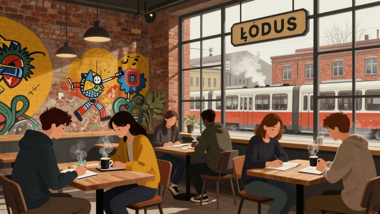Indie café in a converted factory in Łódź, students sketching under street art-covered walls.