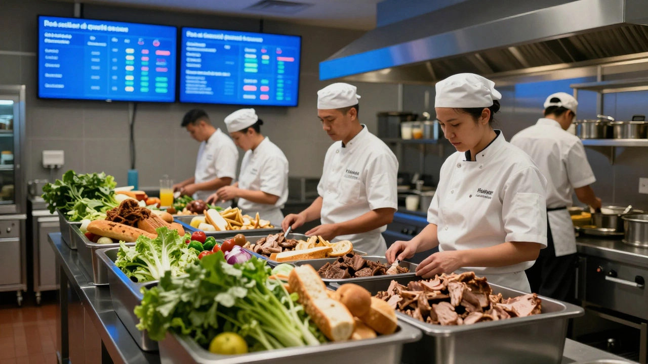 Kitchen staff sorting food waste beside digital screens showing consumption data.