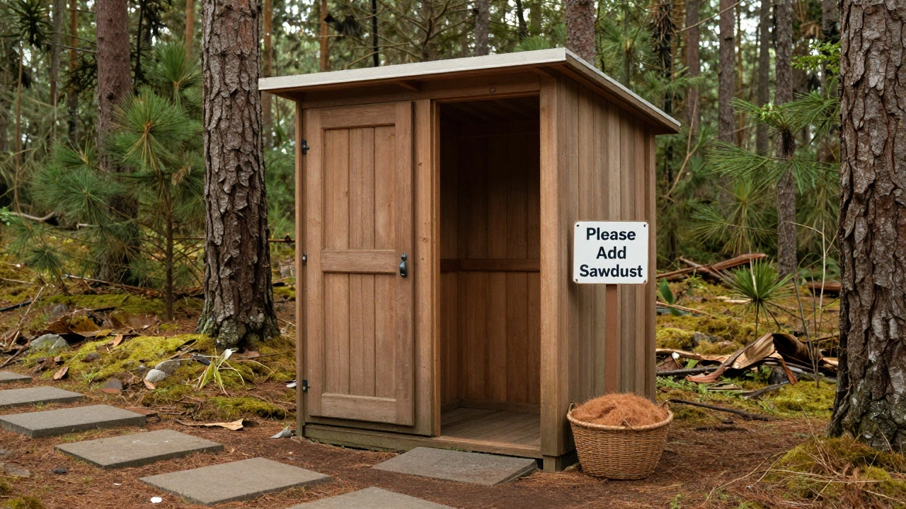Private wooden composting toilet shed surrounded by pine trees with sawdust basket nearby.