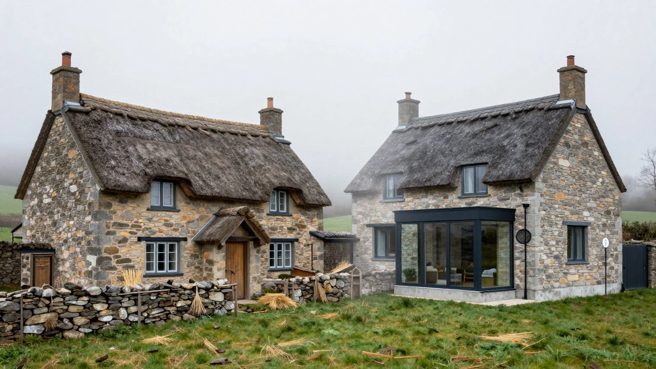 Side-by-side contrast of an authentic cottage and a modern house mimicking its style.