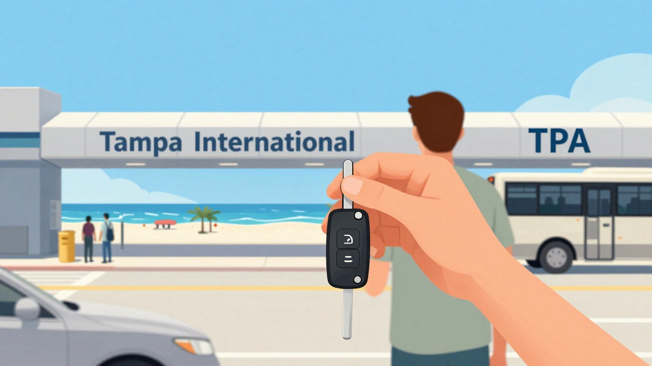 Traveler at Tampa Airport holding car key, with Clearwater Beach visible in the distance.