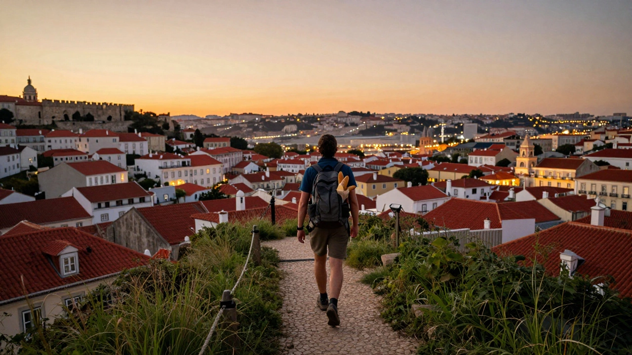 Traveler hiking up to São Jorge Castle in Lisbon at sunset, overlooking the city rooftops.
